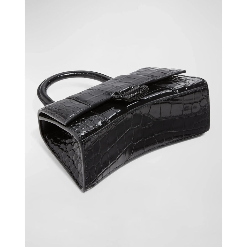 BALENCIAGA Hourglass Extra Small Top Handle Handbag Crocodile Embossed XS Black - Picture 6 of 15